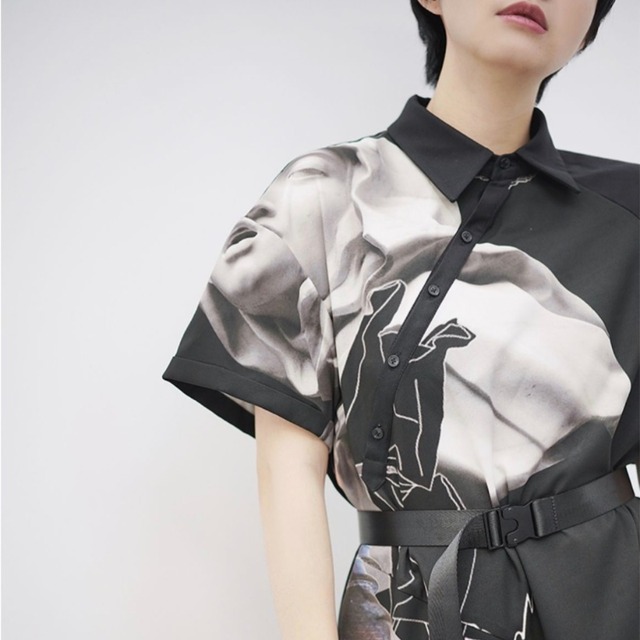 Asymmetric fish graphic shirt one-piece C1603