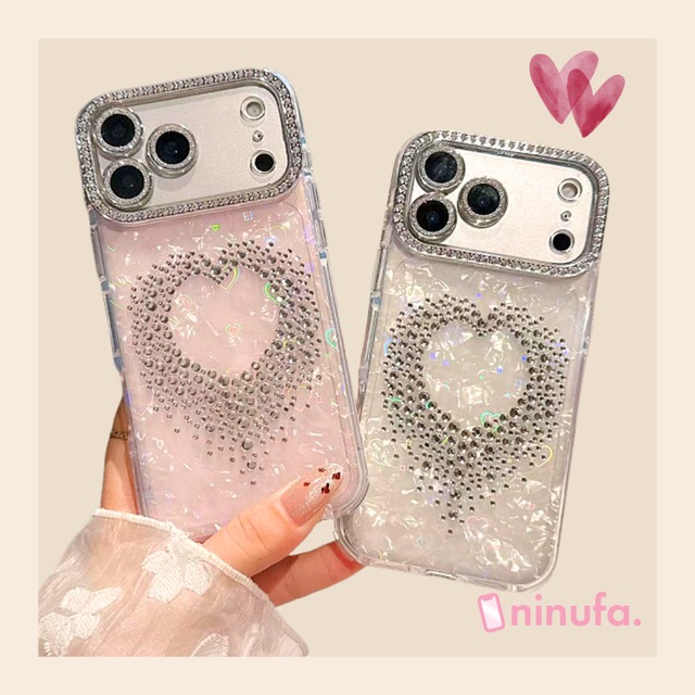 【iPhone17-13対応】ハートのラインストーン煌めくシェルケース◎シルバー オーロラハート 貝殻 かわいい ハート柄 スマホケース ND-16634