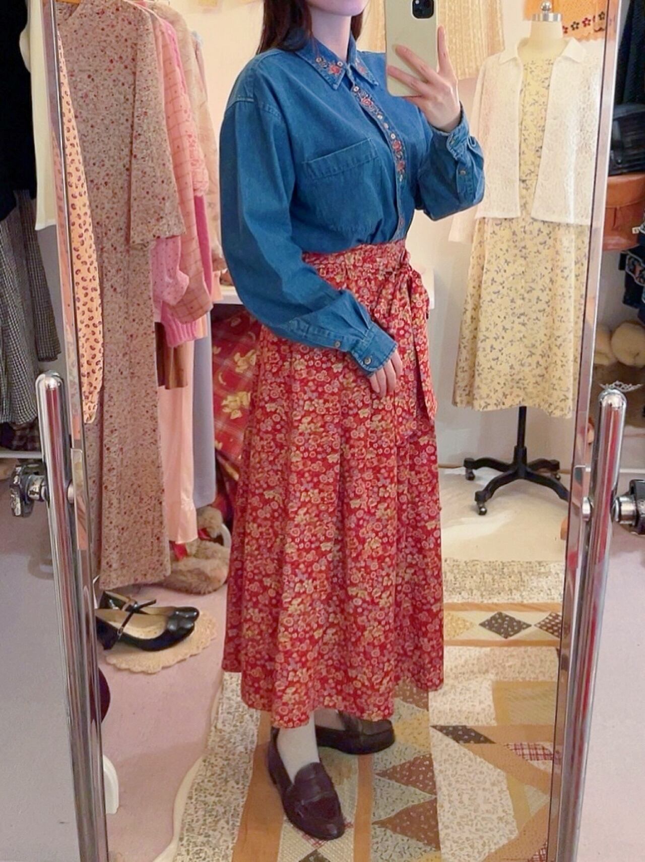 red flower waist ribbon skirt