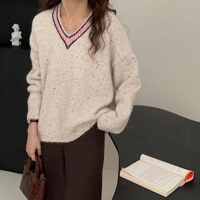 バイカラーVネックニットプルオーバー　　11996