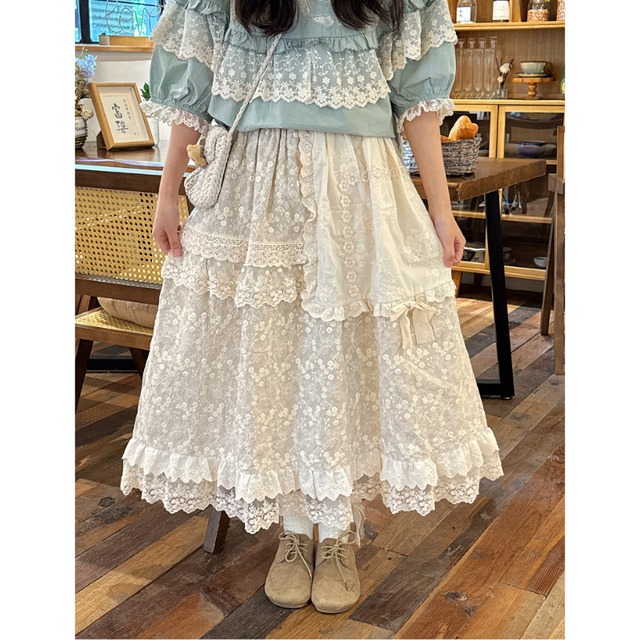 レースティアードフレアロングスカート 1017