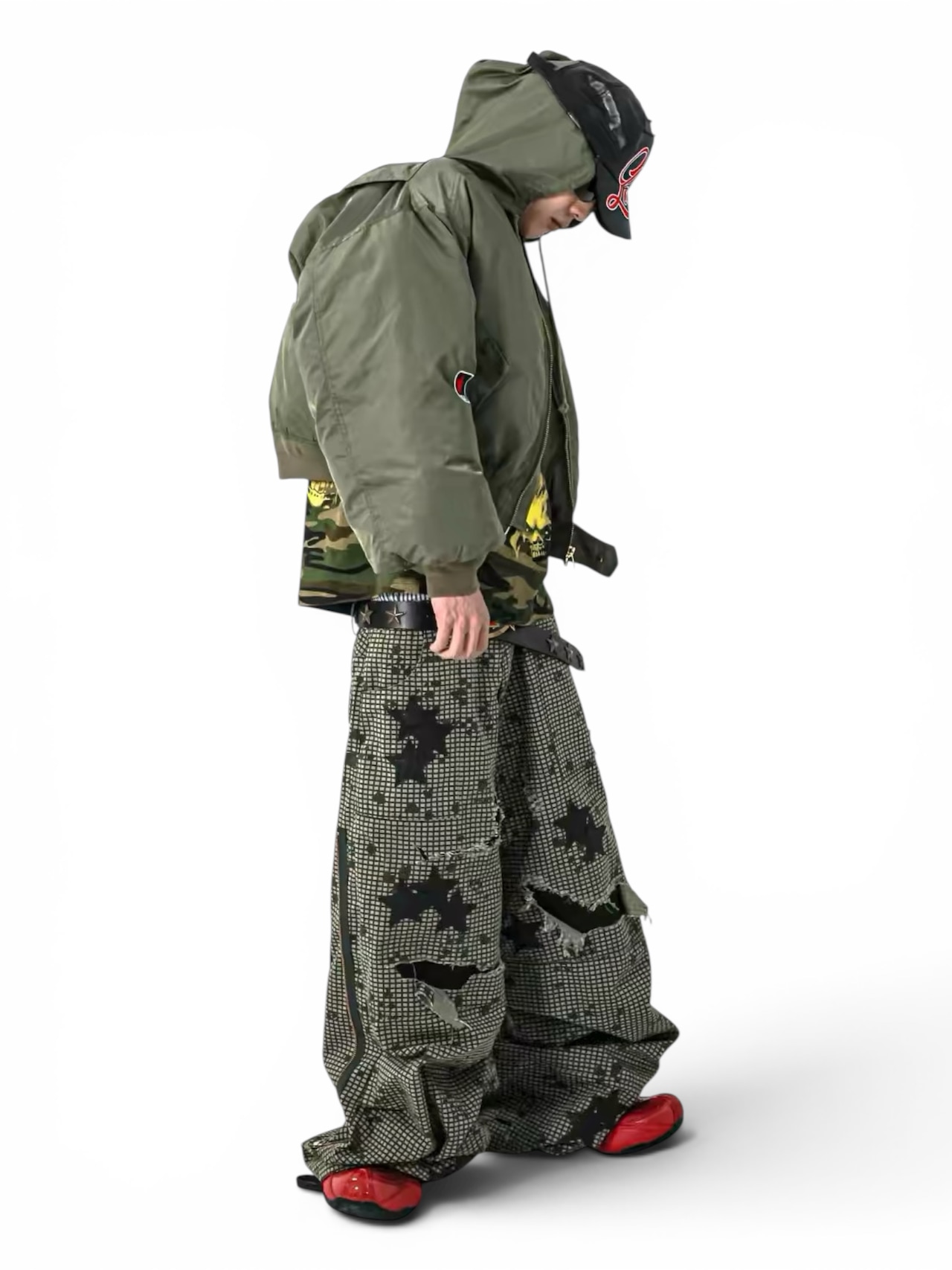 【SANSLAWS】Star Patch Distressed Zip Pants