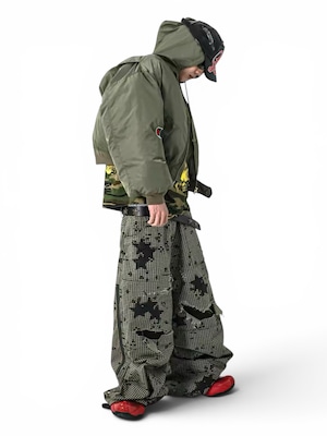 【SANSLAWS】Star Patch Distressed Zip Pants