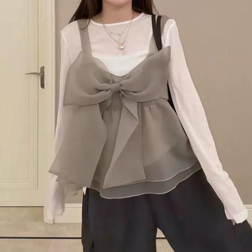 【2点セット】シフォンビッグリボンフレアキャミ＋ロングスリーブTシャツ ・77055