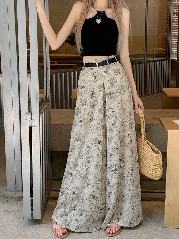 パンツ ズボン ガウチョパンツ ロング丈 ワイド ベルト ポリエステル