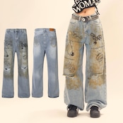 ストリート ヴィンテージプリント デニムパンツ P234