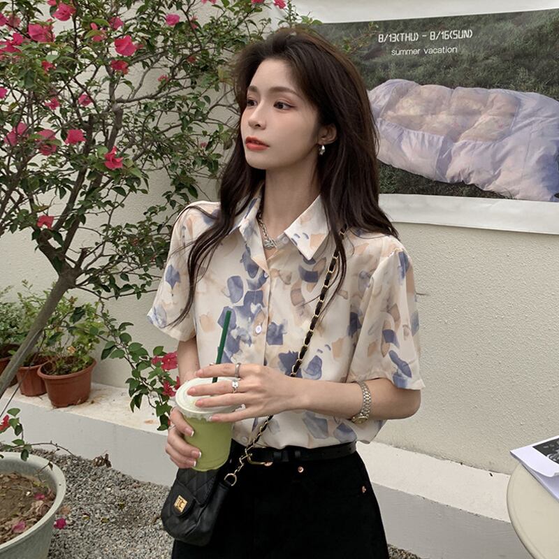 フローラルシフォンシャツ レディースサマー薄手スタンダード レトロ 夏物 花柄 試着室42992695873