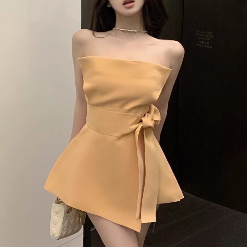 ワンピース セクシー かわいい チューブドレス ミニ丈 不規則 オレンジ  