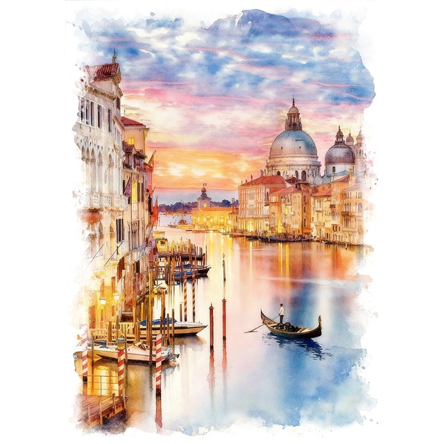 絵画 風景画(街並み) イタリア 夕暮れ時のヴェネツィア 「インテリアアート額付き 水彩画・油絵調 WAT0521