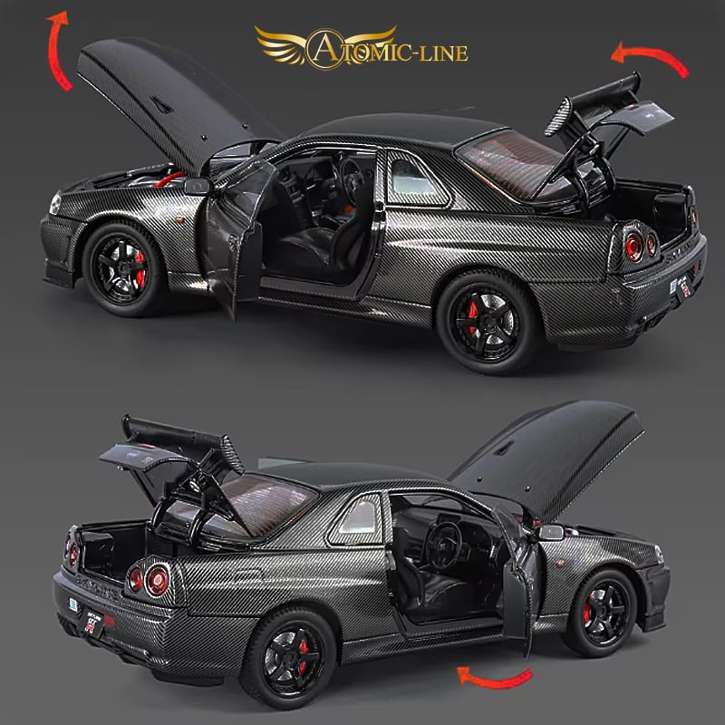 NISSAN スカイライン GT-R R34 ミニカー 1/24 ライト点灯 エンジン