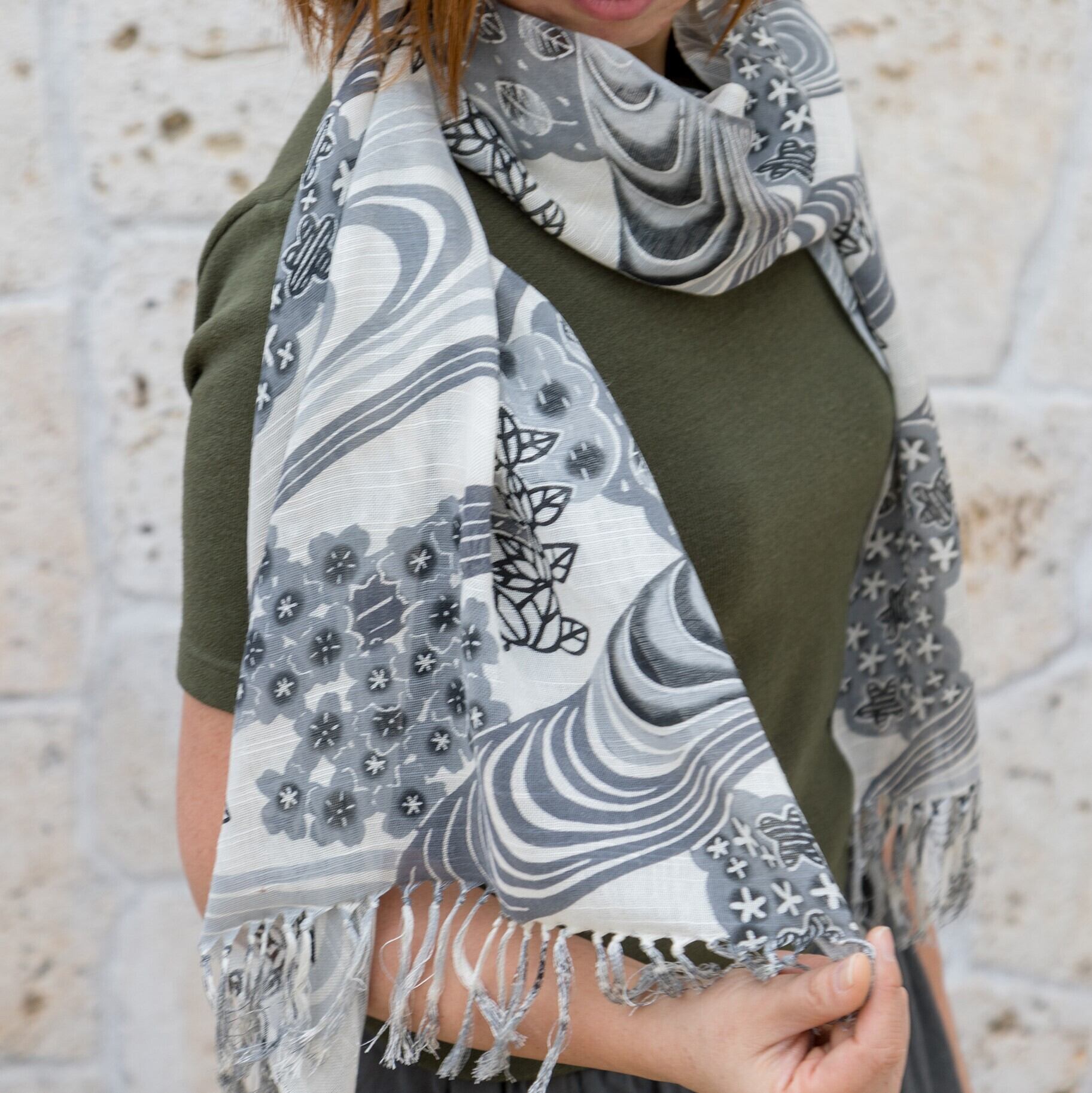 モノトーンびんがたCREW ストール（流水） | 琉球びんがた工房ちゅらり