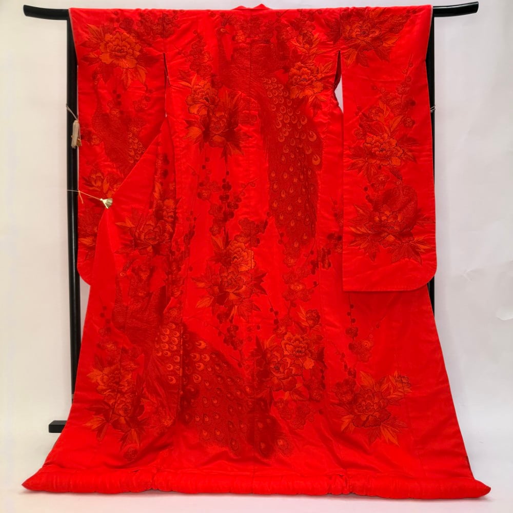 色打掛 鶴 刺繍 赤 打掛 花嫁衣裳 ポリエステル リサイクル 中古 ブライダル ウエディング 着物 6619