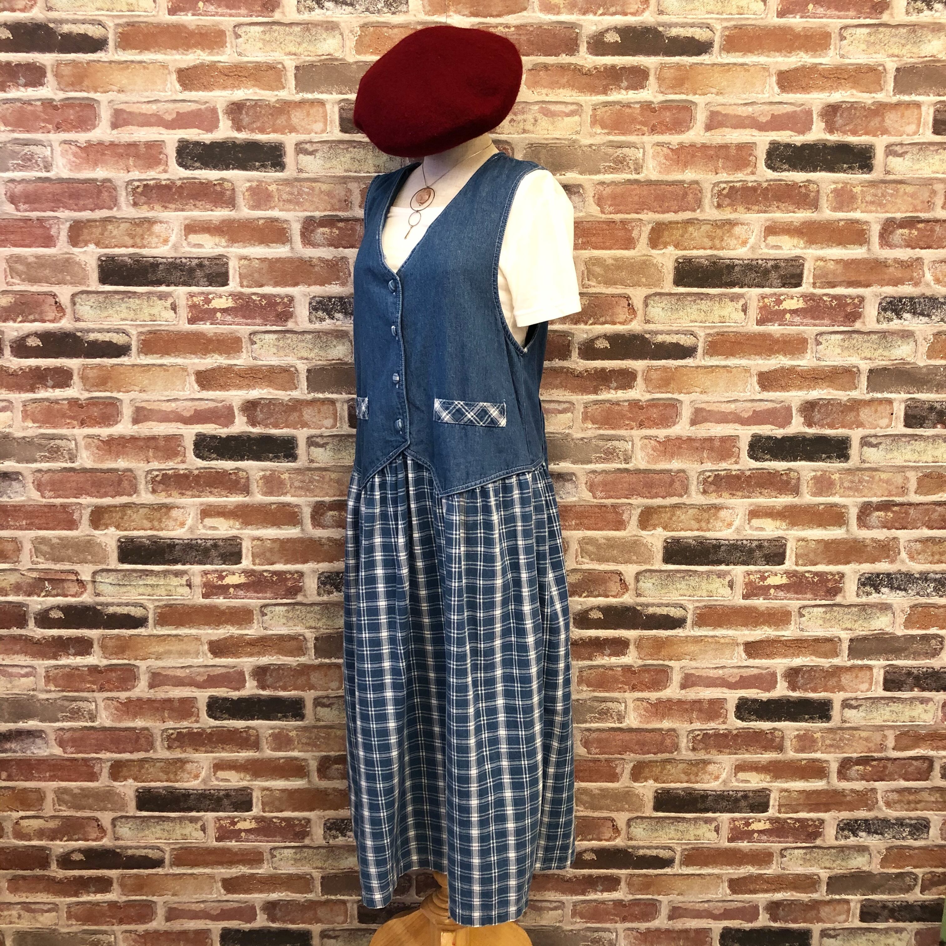 Two-tone Check Denim One-piece