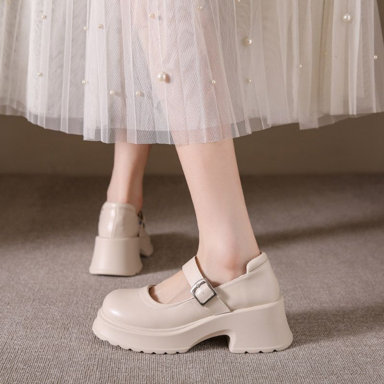 ストラップ  厚底 プレーントゥ シューズ  90015