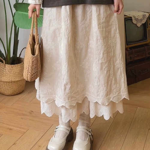 裾Wレースフラワー刺繍スカート ・12596