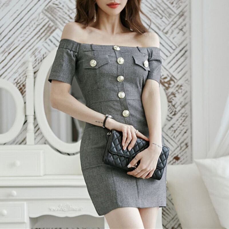 ワンピース 人気top セクシー Ol フォーマル 上品らしく ボートネックデザイン 半袖 グレー S M L Xl Dresszone