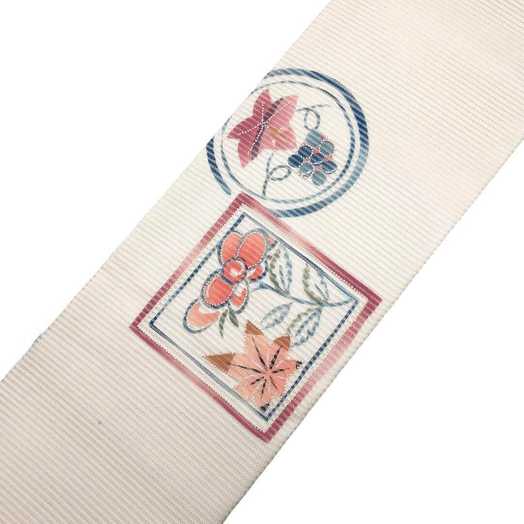 O-2663 夏帯 名古屋帯 絽 相良刺繍 草花 紅葉 巻物 乳白色