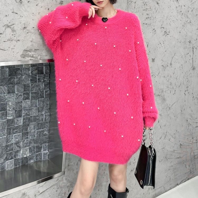 PINK PEARL TRIMMED ROUND NECK MINI PULLOVER KNIT DRESS 1color M-15317
