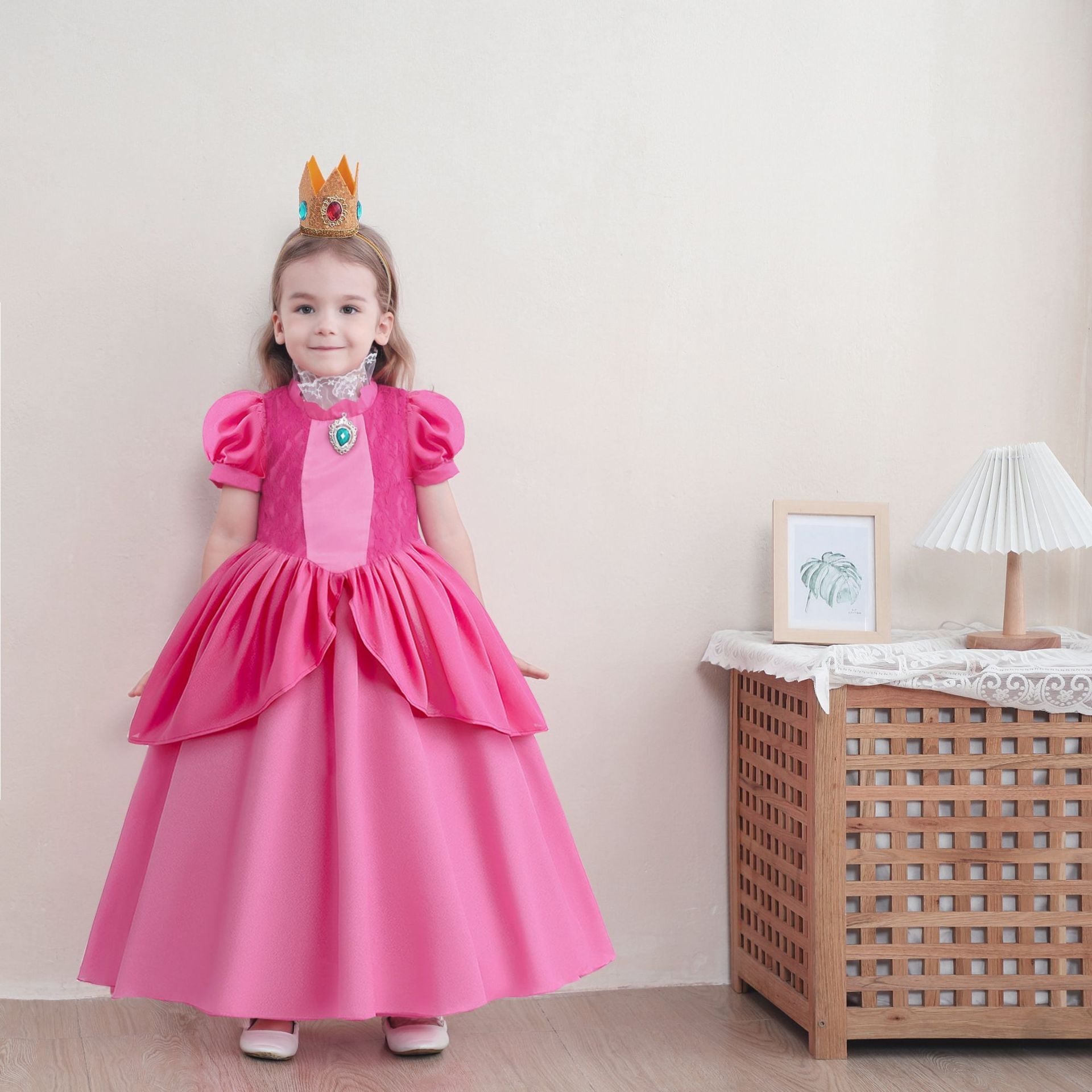 キッズ女の子ピーチ姫風プリンセスチュールドレス 半袖ワンピース 