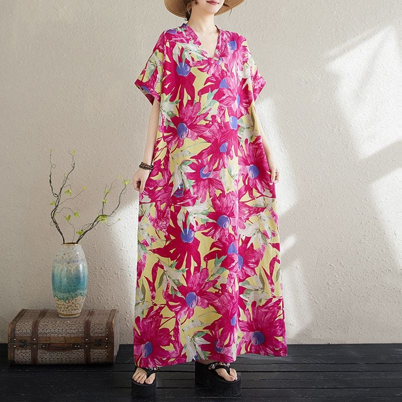 PRINT V-NECK LOOSE LONG MAXI DRESS M-18043