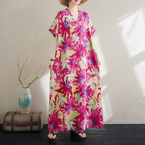 PRINT V-NECK LOOSE LONG MAXI DRESS M-18043