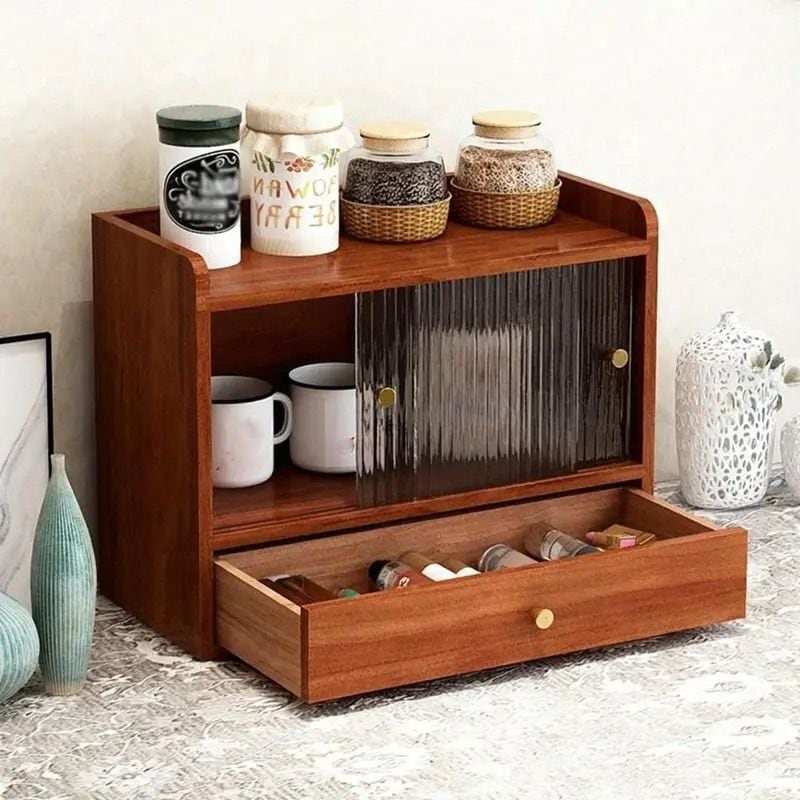 デスク収納 ミニ 食器棚 キャビネット 木製 ガラス扉 引き出し 卓上