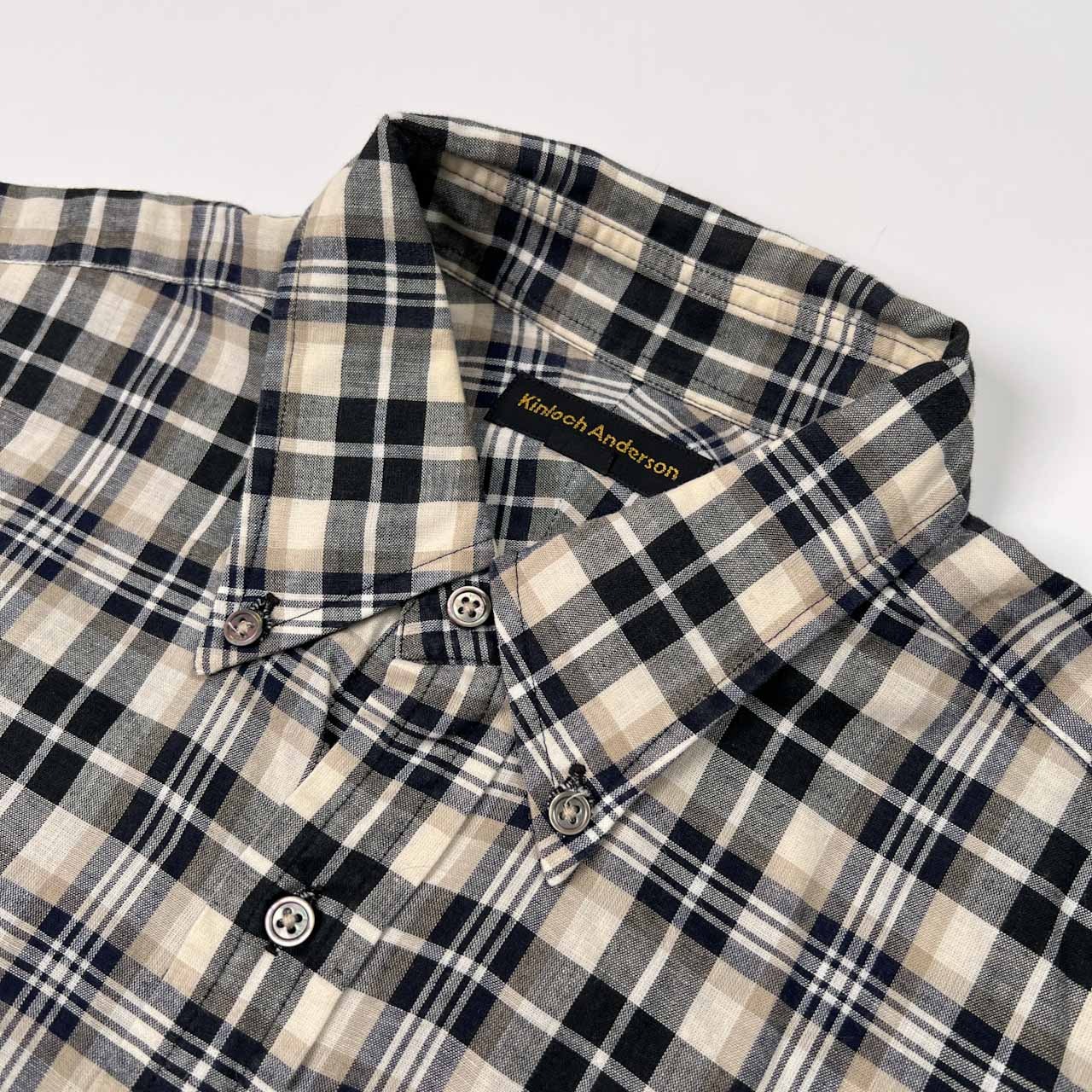 Kinloch Anderson キンロックアンダーソン リネン&コットン チェック柄 半袖シャツ M/メンズ/レナウン/日本製/ネイビー×グレー×ホワイト