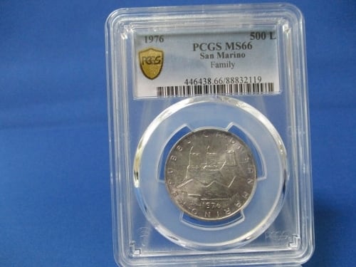 サンマリノ・500リラ銀貨☆1976年／未使用／城壁の国章とオリーブの木