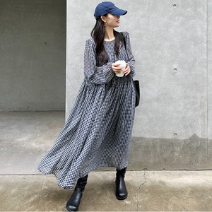 gathered check long one-piece　J00225