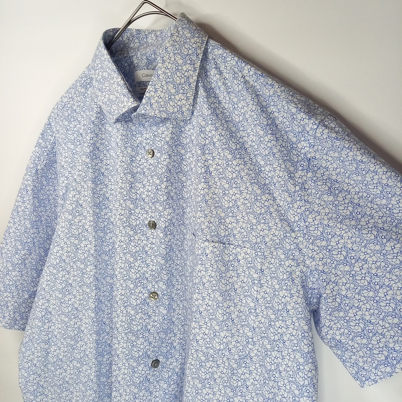 カルバンクライン　ストレッチシャツ　総柄　花柄　防シワ　半袖　L/G