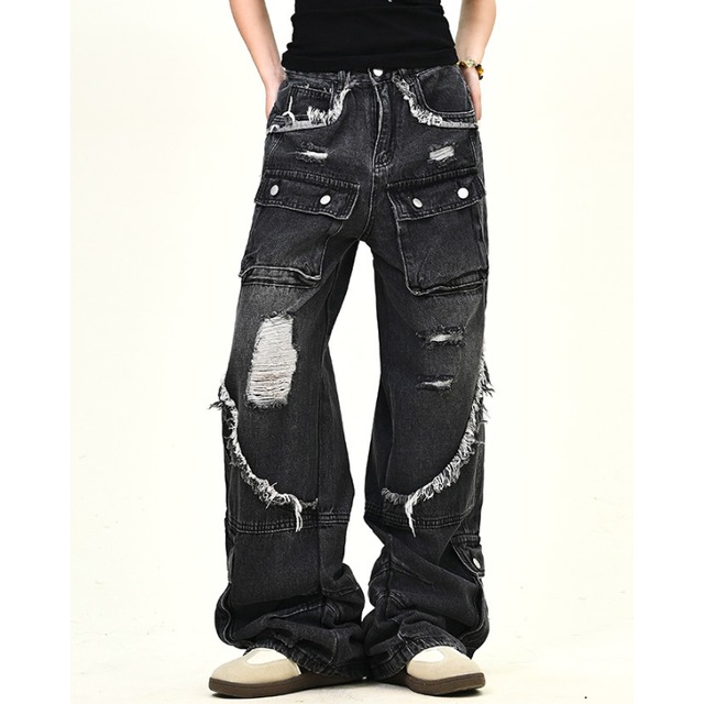 fringe distressed pocket denim　フリンジダメージポケットデニム　J1214