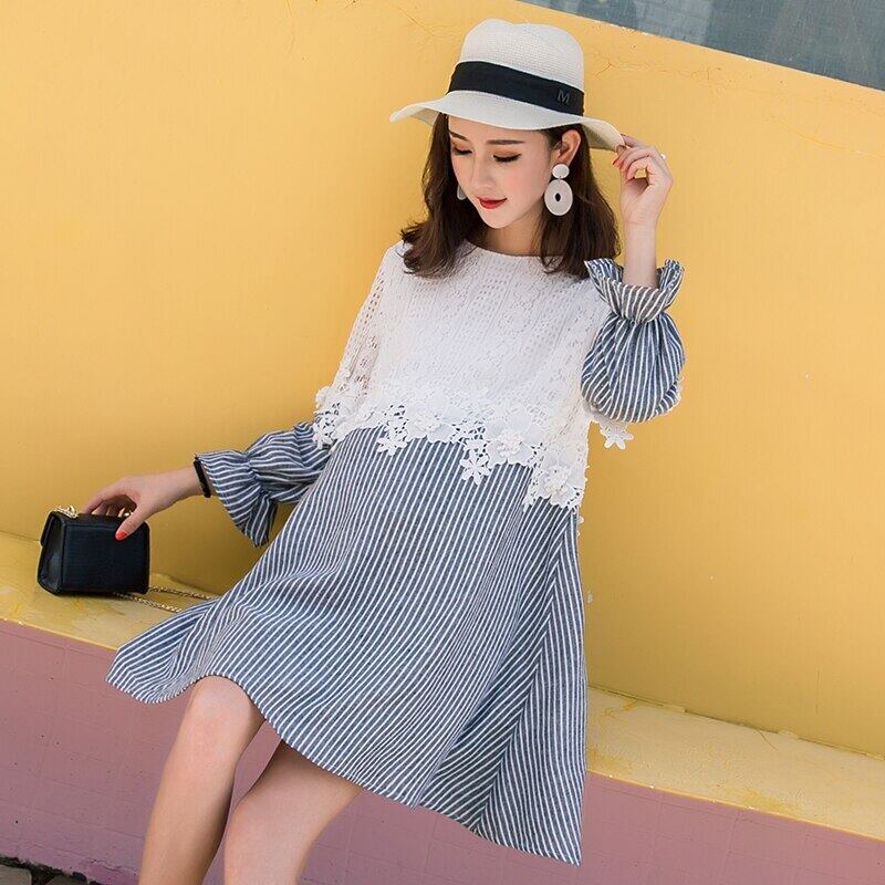 【新作】【送料無料】 1787＃マタニティドレス春秋コットンストライプOネック長袖ルーズスタイリッシュドレス妊婦ママドレス ロング スプリング 春物 オータム 秋物 AL expec373577611631