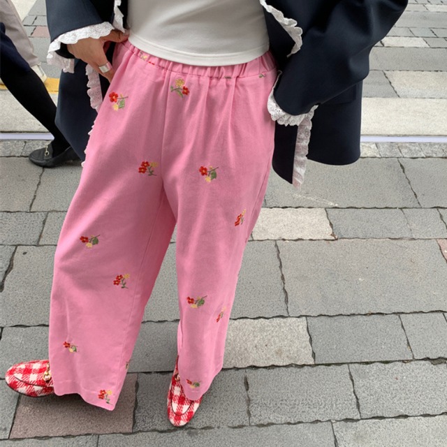little flower embroidery pink denim pants  e990