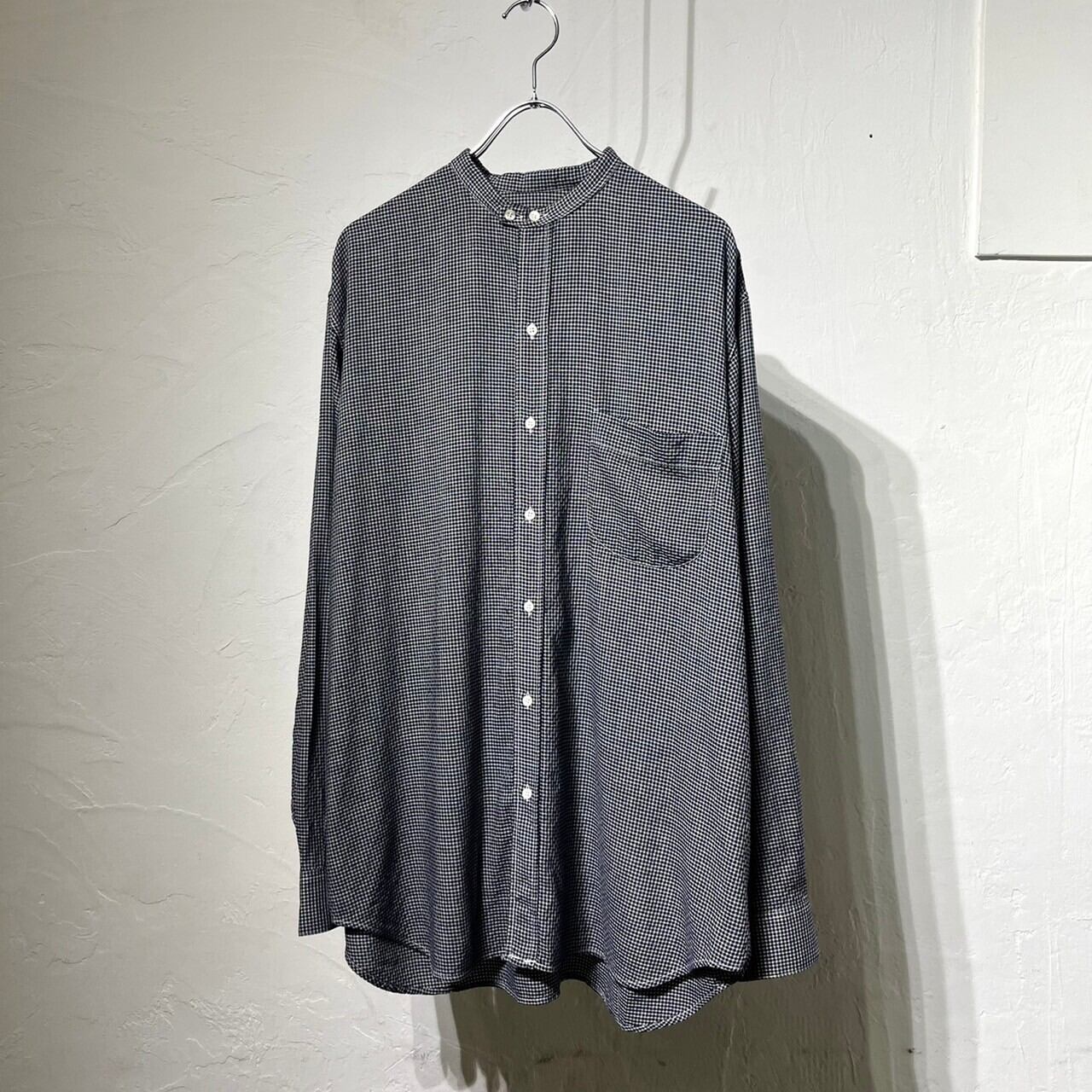 90s EMPORIO ARMANI Gingham Check Band Collar Shirt ITALY製