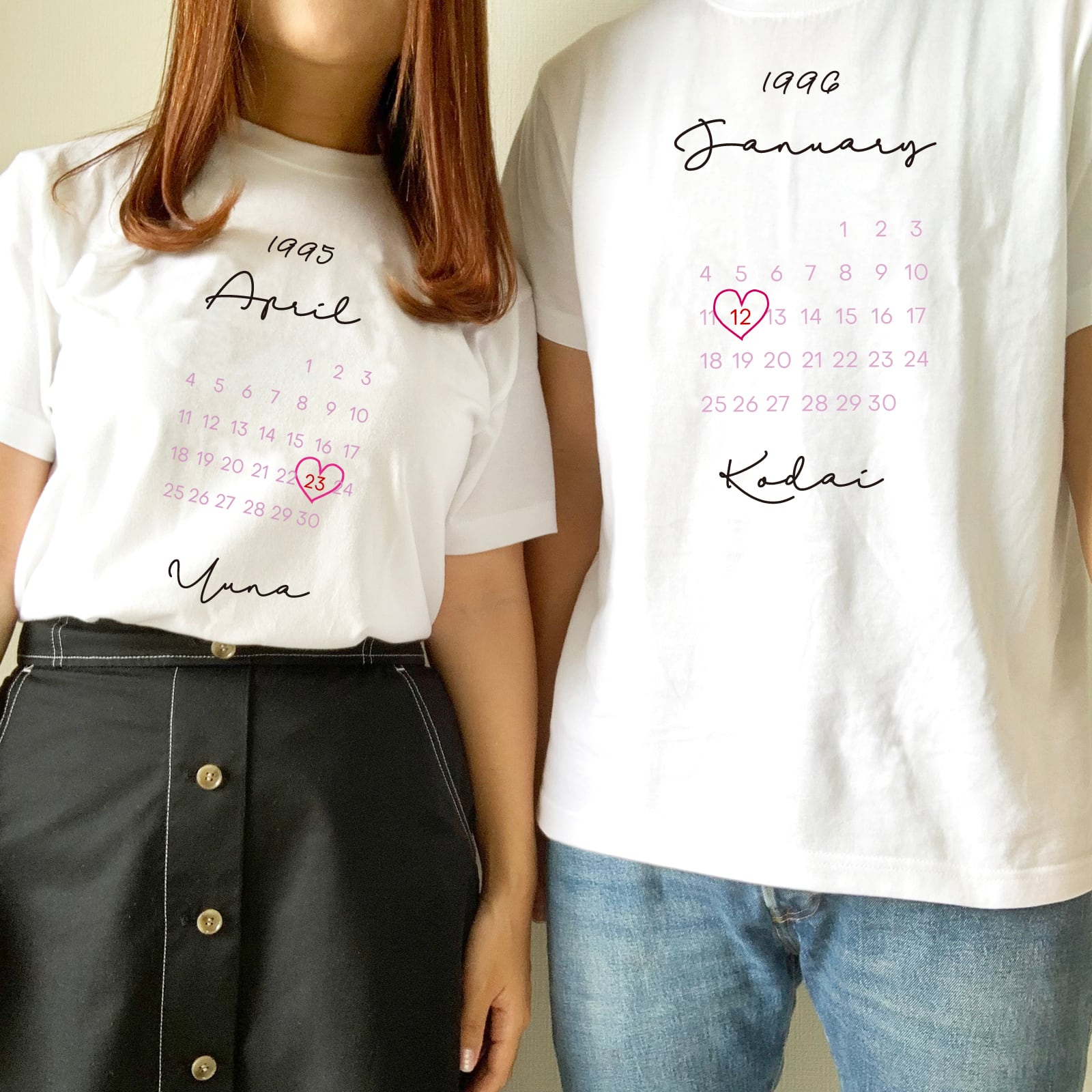 長袖あり 記念日を入れて カップルtシャツ センイルカレンダーケーキ風 Date お名前入り 誕生日 結婚記念日 ペア ウェディングフォト Jooves ジューブス