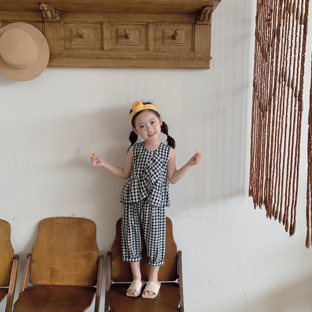 セットアップ パンツ ノースリーブ ギンガムチェック チェック柄 ツーピース 女の子 春 夏 子供 キッズ ジュニア 人気 おすすめ かわいい 可愛い おしゃれ オシャレ プレゼント 贈り物 ギフト 韓国 韓国子供服 80 90 100 110 1 130 140 1歳 2歳