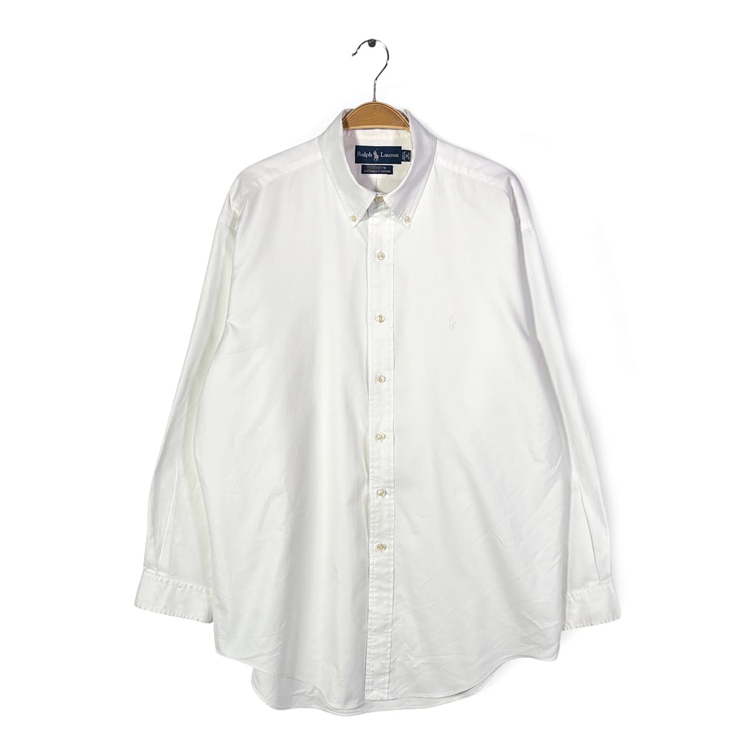 90s ラルフローレン ヤーマス ボタンダウンシャツ ヘリンボーン生地 ホワイト 白同色ポニー ワンポイントロゴ 長袖シャツ RALPH LAUREN YARMOUTH サイズL相当 古着 CA1539
