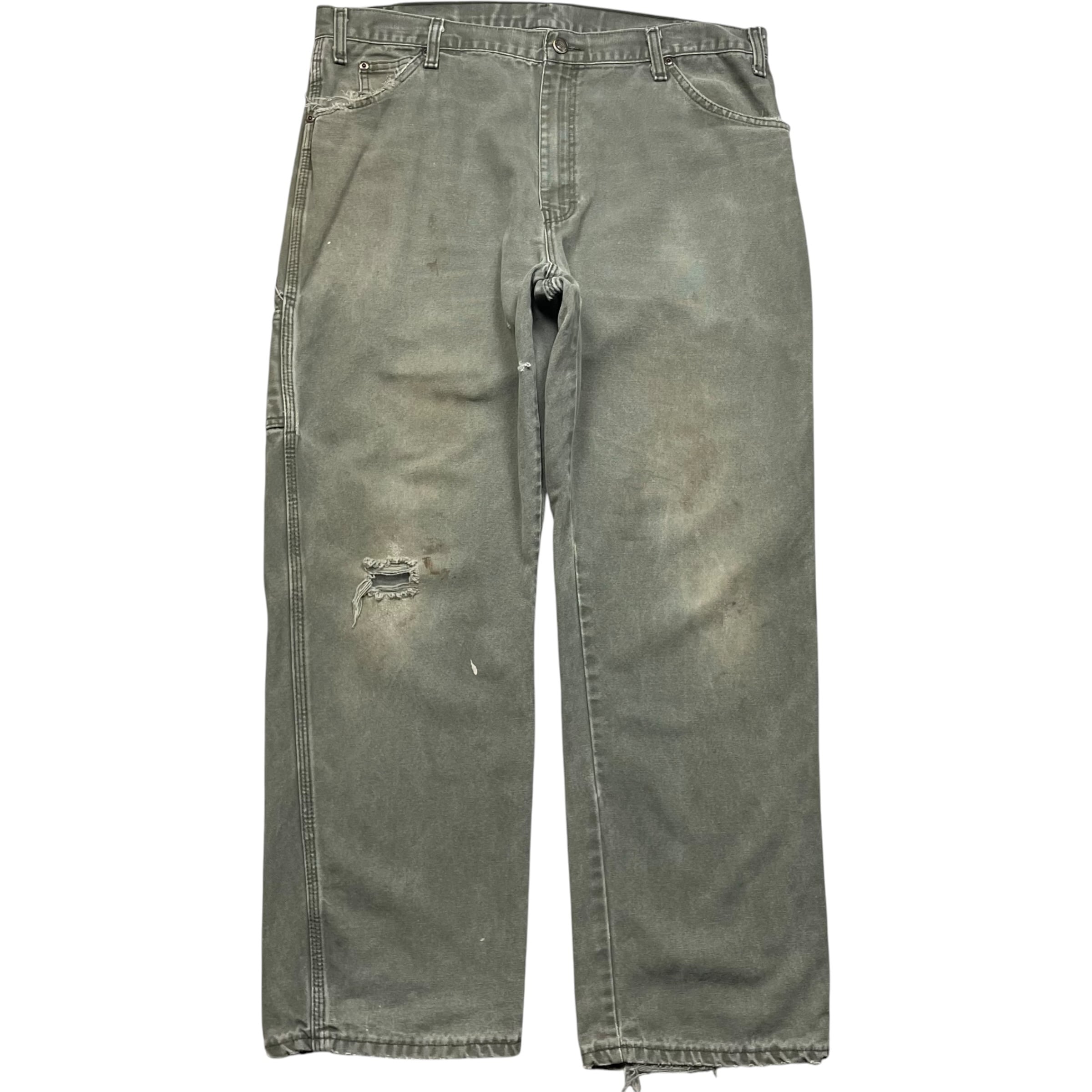 《実寸 W38 L30》 Dickies ディッキーズ ペインターパンツ ワークパンツ グリーン フェード ダメージ ワンポイントロゴ no.10278