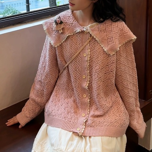 ミディカラーダイヤ刺繍ニットカーデ ・12284