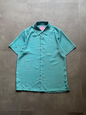 Kurly Wurly Bar 刺繍総柄 半袖シャツ ターコイズ XXL バードデザイン
