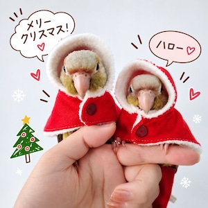 鳥 服 クリスマス ケープ サンタ コスプレ 小鳥用 マント フード付き ボア素材 秋冬 ペットウェア インコ セキセイインコ ボタンインコ コザクラインコ ウロコインコ オカメインコ S M L かわいい クリスマス衣装 撮影用 レッド グリーン 商品画像2