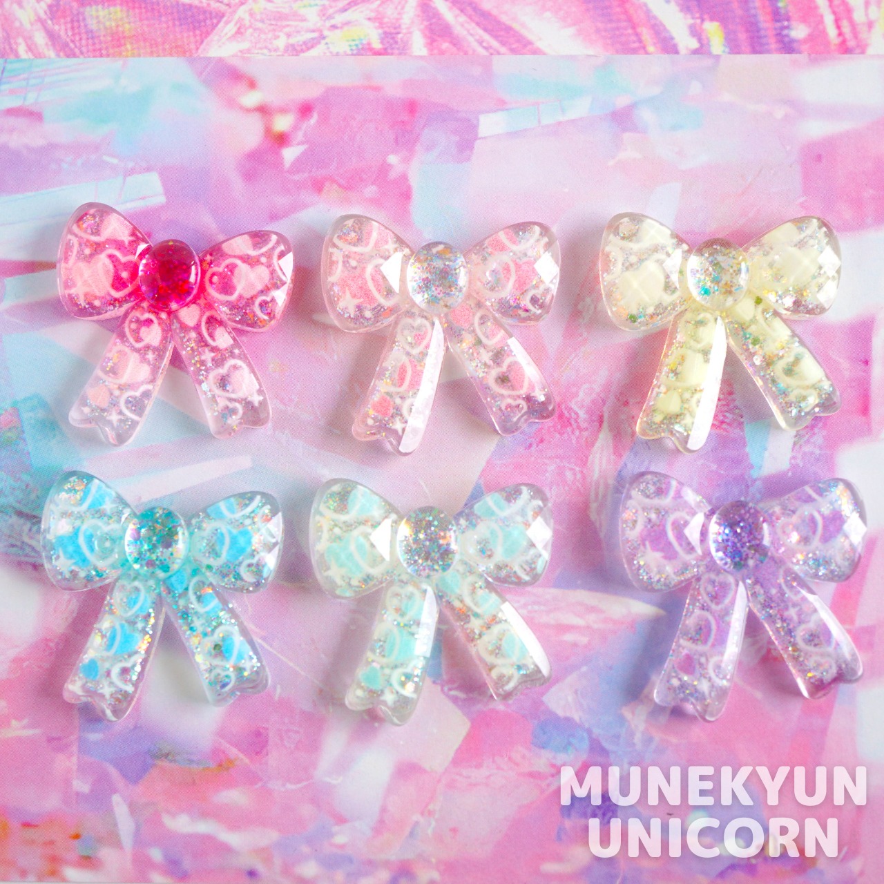 #D671【1個/1pc】キラキラ ラメ プリント入り リボン パーツ/ Sparkly glitter printed ribbon cabochon