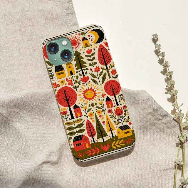 受注生産 iPhoneケース 家と赤い花の民芸総柄｜建物モチーフ PSYF053C