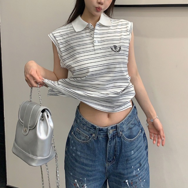 border sleeveless polo shirt　ボーダーノースリーブポロティー　J1886