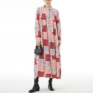PATCHWORK FLOWER PRINT STAND COLLAR TIERED LONG SHIRT DRESS 2colors M-5600