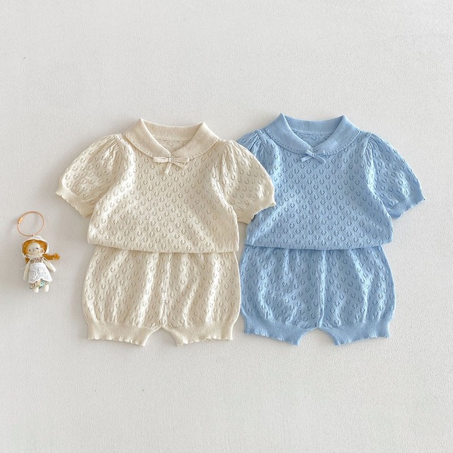 【BABY】透かし編みポロ襟パフスリーブ半袖ニットTシャツ - 11
