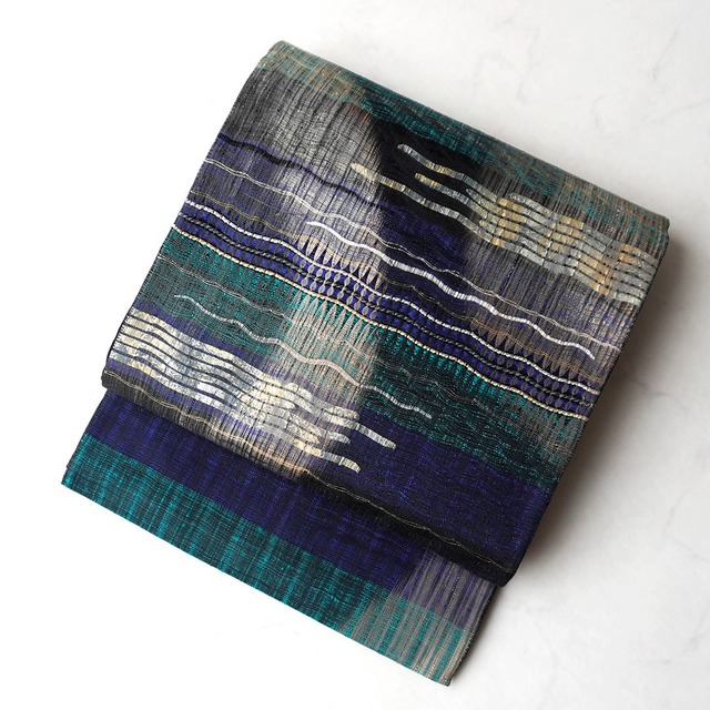 【ふくろ帯】渡文謹製　青×青緑×黒　抽象文　すくいふくろ帯