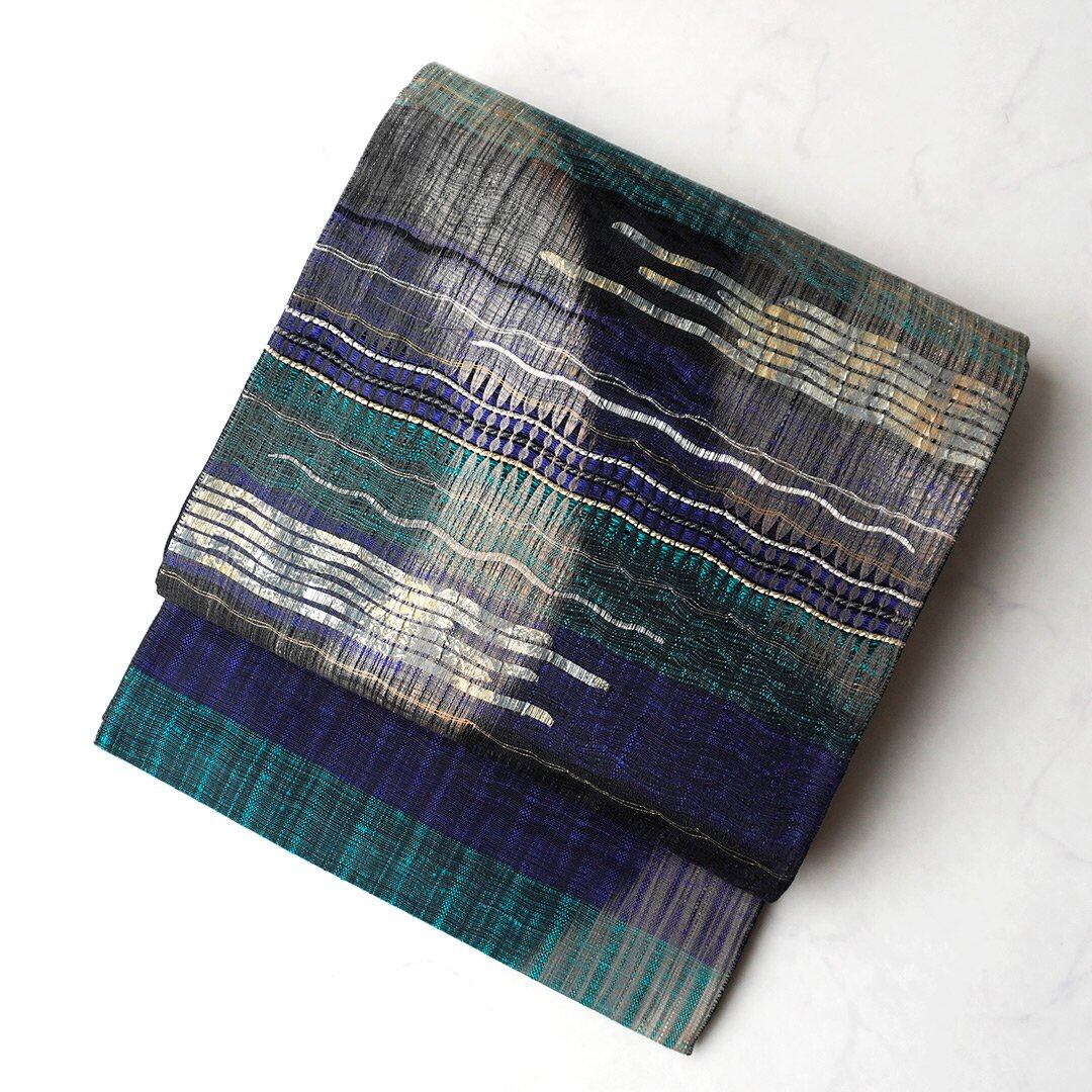 【ふくろ帯】渡文謹製 青×青緑×黒 抽象文 すくいふくろ帯