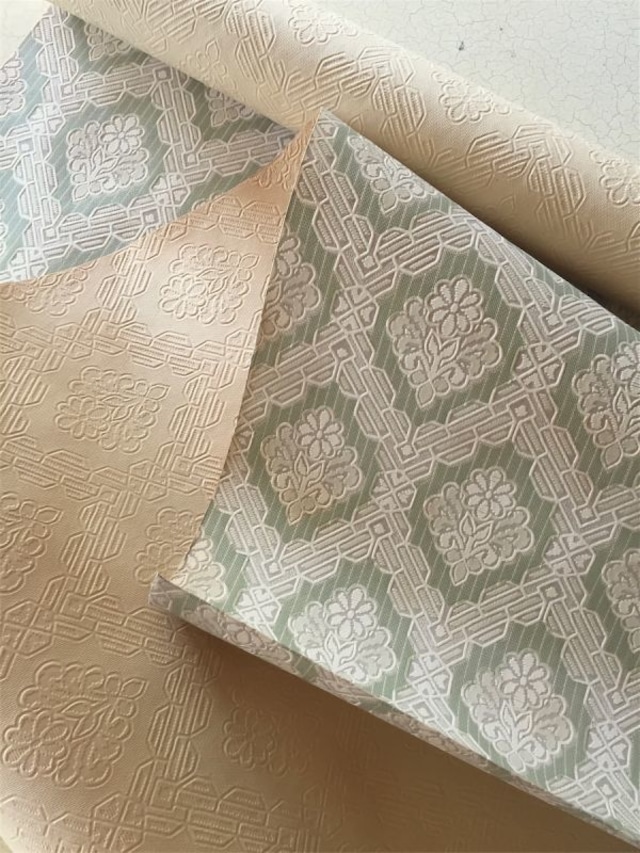 70s フランス 甘い寓話の壁紙 幾何学の凹凸花とグリーン ウォールペーパー ヴィンテージ