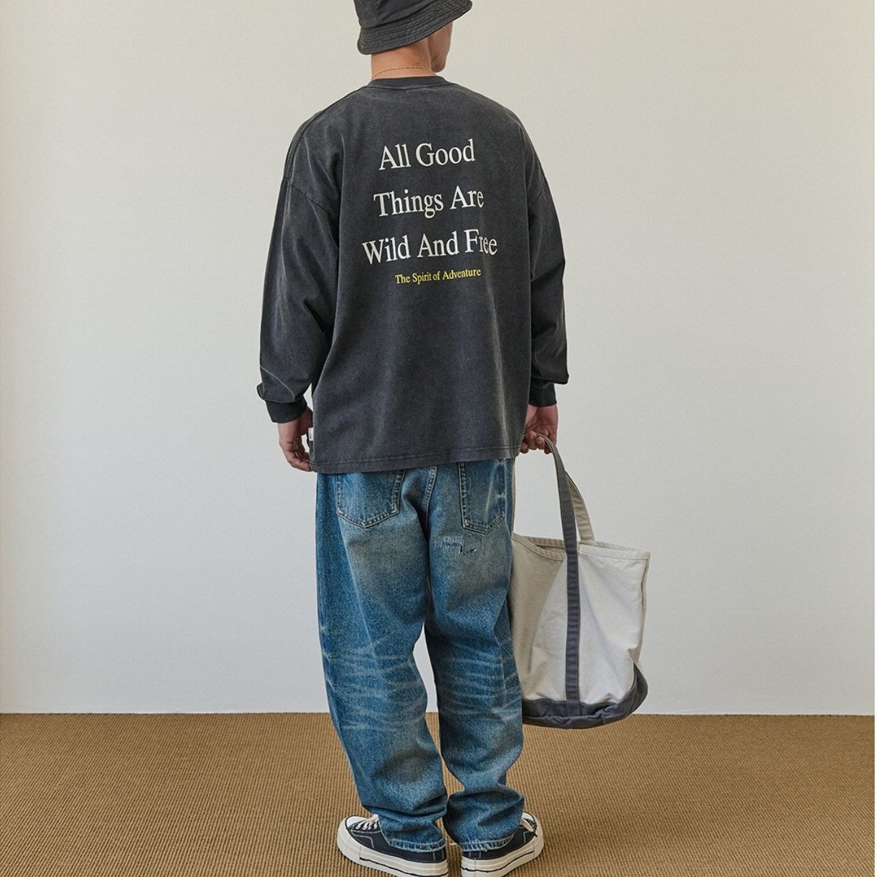 アルファベッドプリントウォッシュド加工ロングTシャツ　1168